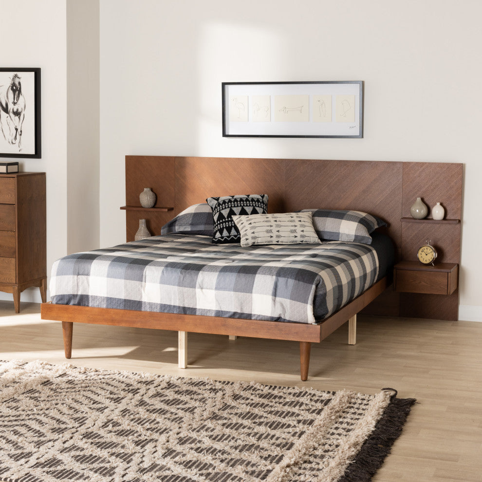 Graham Ash Walnut Wood Queen Size Platform Storage Bed with Built-In Nightstands