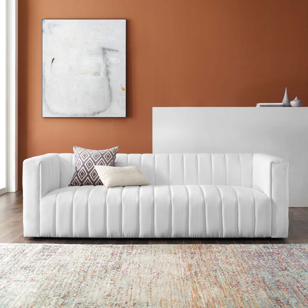 Tufted Sofa, Fabric, White, Modern, Living Lounge Room Hotel Lobby Hospitality