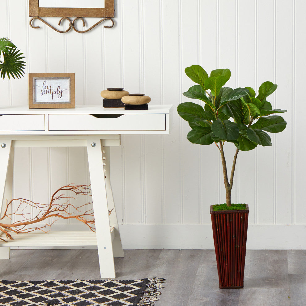 39" Fiddle Leaf Fig Artificial Tree, Bamboo Planter