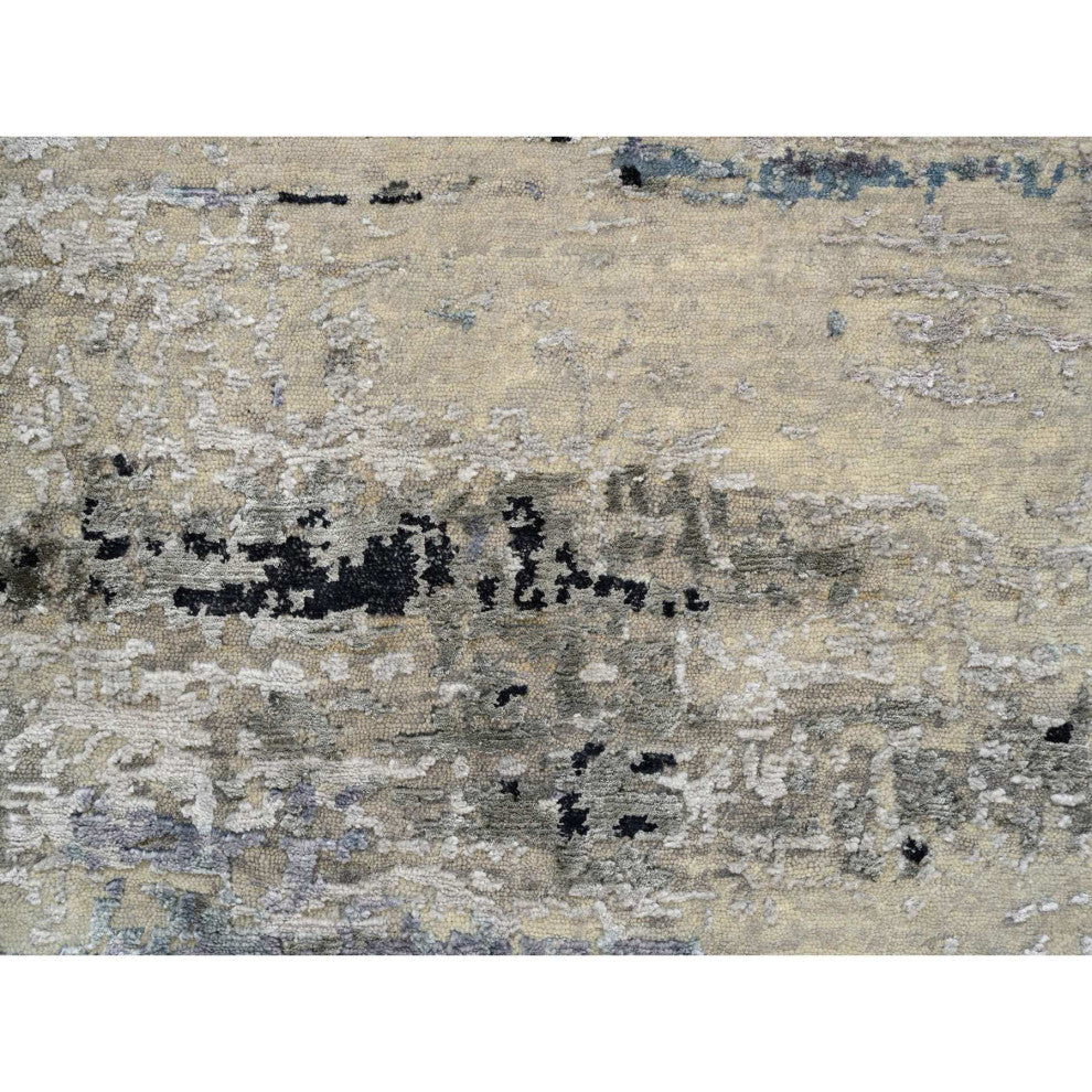 Gray, Modern Abstract Design Wool and Silk, Hand Knotted Mat Rug, 2'0" x 2'10"