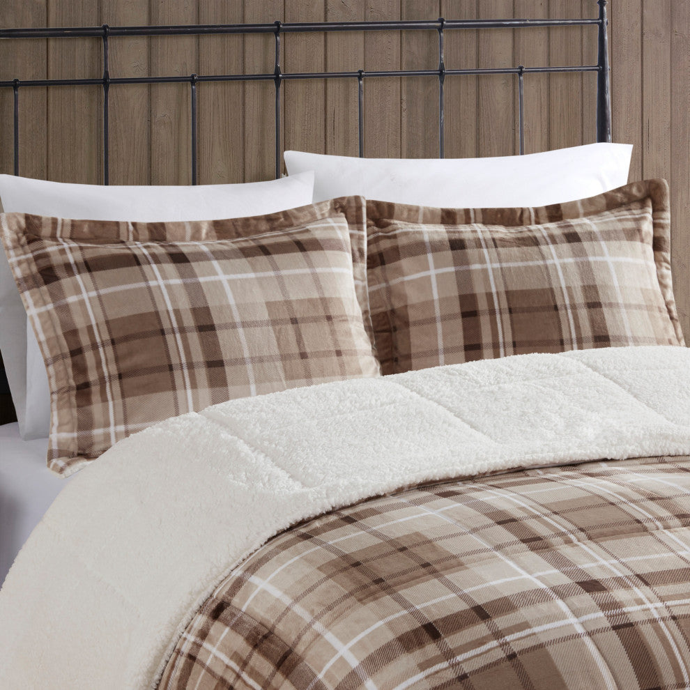 Woolrich Alton Plush to Sherpa Winter Comforter Set, Plaid Taupe, King