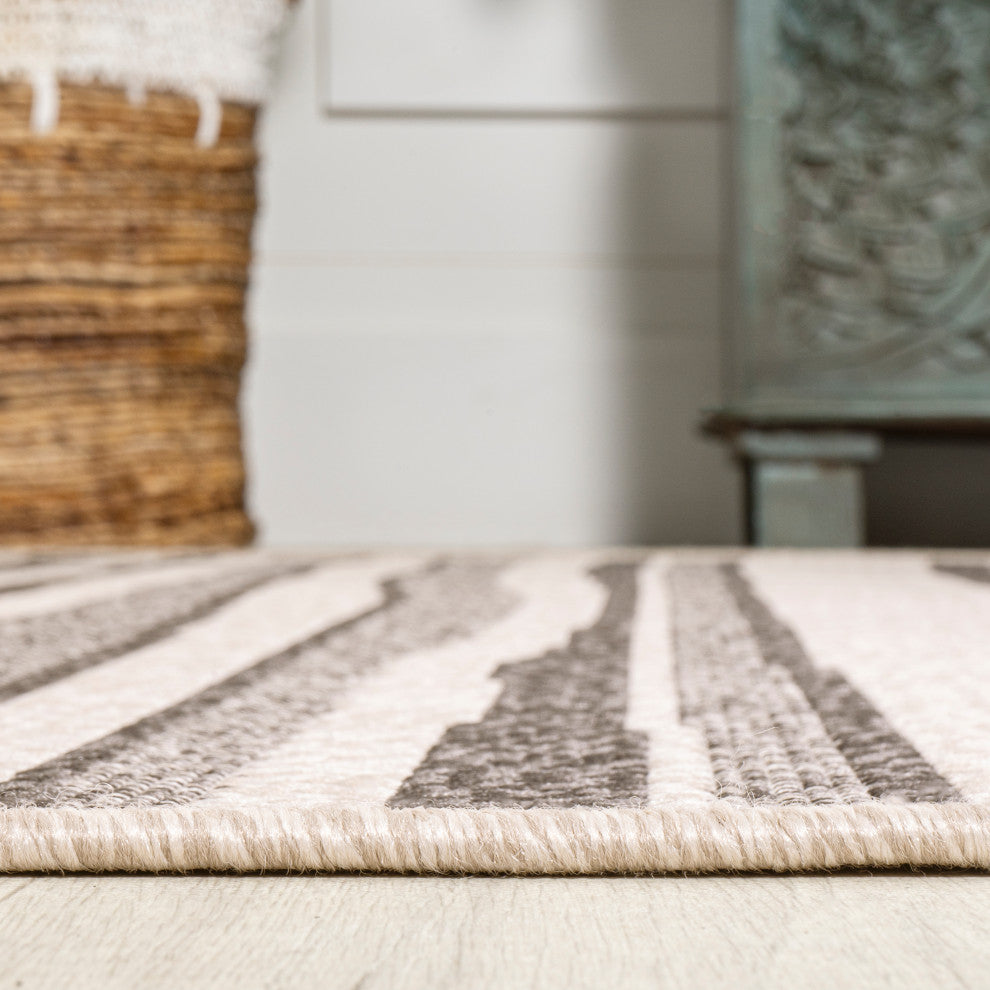 Castara Wavy Stripe Modern Indoor/Outdoor Area Rug, Cream/Dark Gray, 2x8