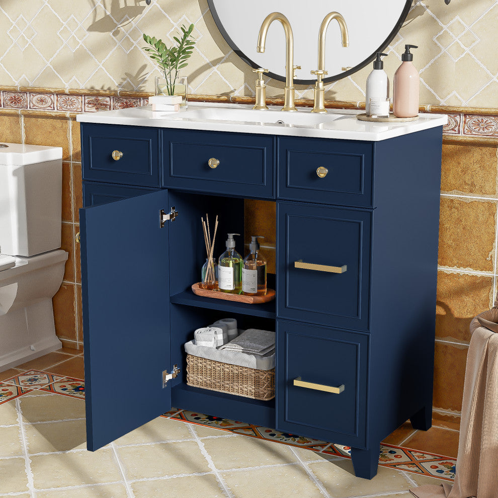 36 Inch Freestanding Bathroom Vanity with Ceramic Sink, Blue