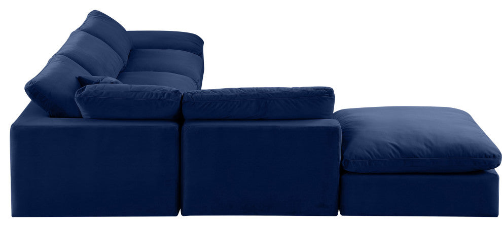 Comfy Upholstered L-Shaped Modular Sectional, Navy, 6-Piece: 3 Armless Chair, 1 Corner Chair, 2 Ottoman, Velvet