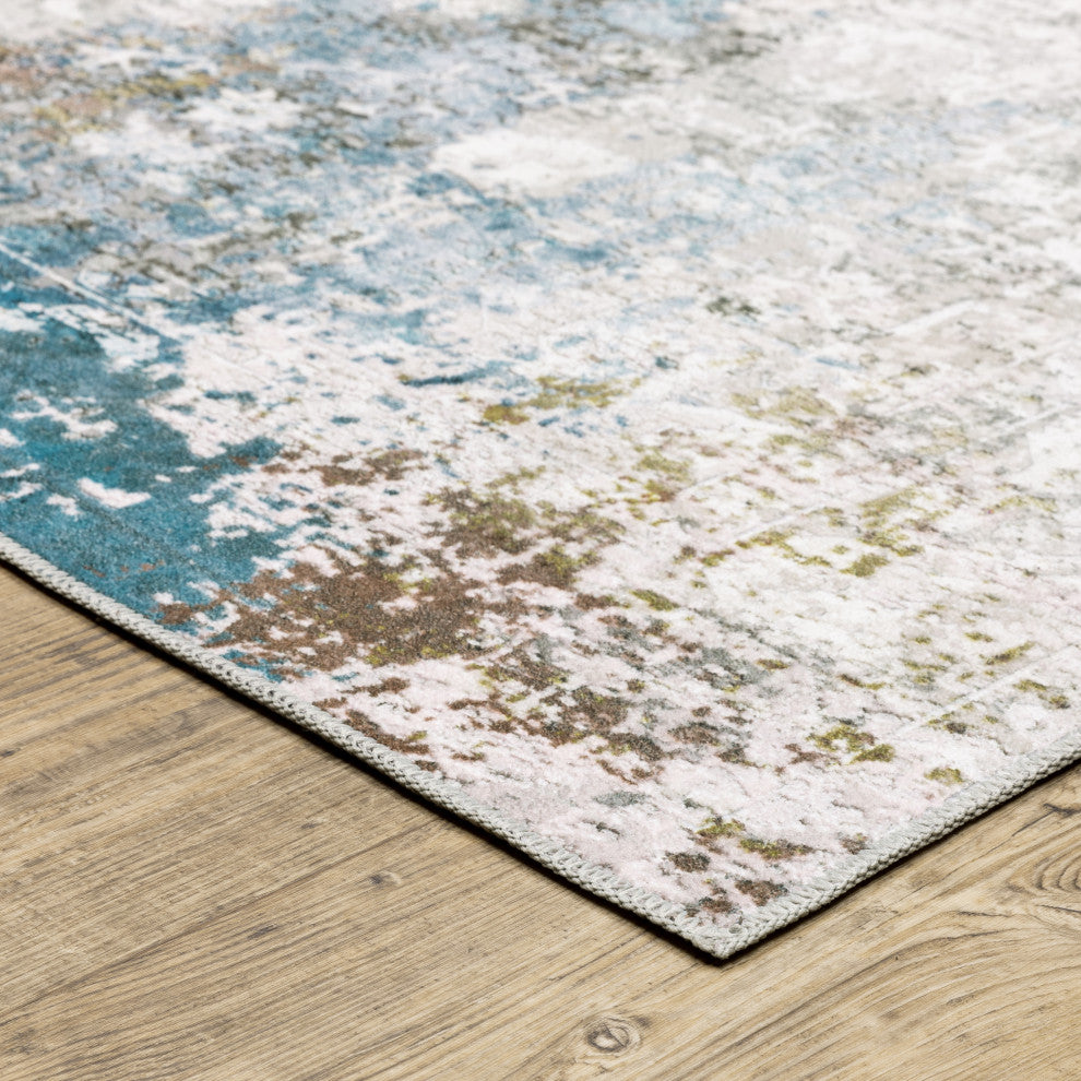 Michaela Machine Washable Faded Ivory/ Blue Indoor Area Rug, Ivory, 2'x3'