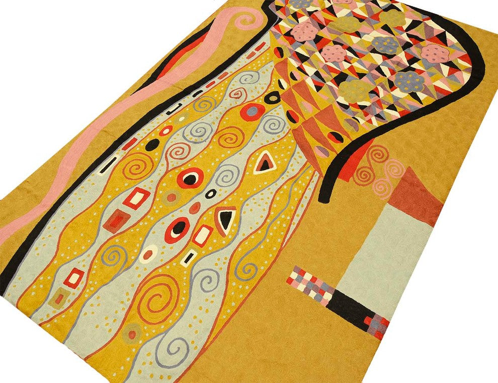 Klimt Mustard Wool Rug / Wall Tapestry Art Nouveau Hand Embroidered 6ft x 4ft