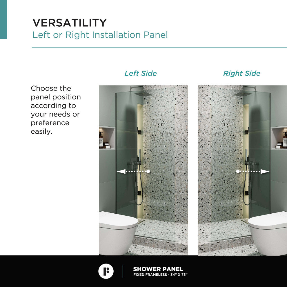 Single Fixed Glass Shower Panel - Clear Tempered Frameless Shower Glass Door, Polished Chrome, 34"