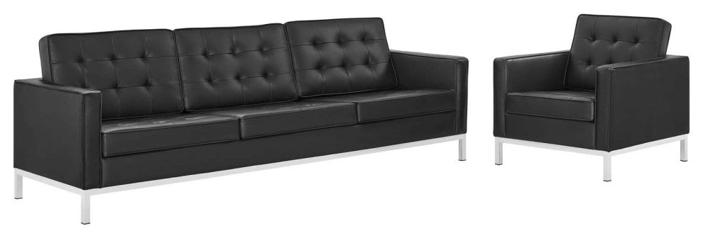 Loft Tufted Upholstered Faux Leather Sofa and Armchair Set Silver Black
