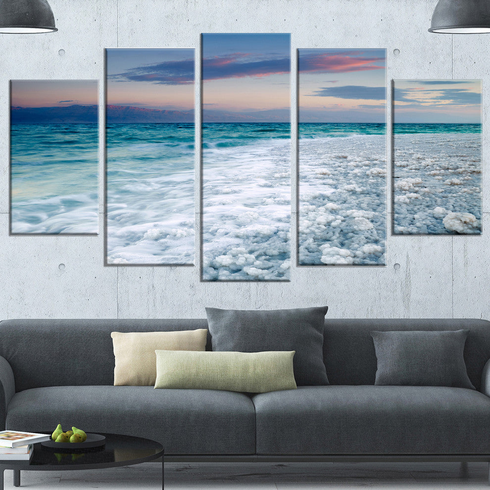 Beautiful Sunrise at Dead Sea, Seashore Canvas Art Print, 60"x32", 5 Panels