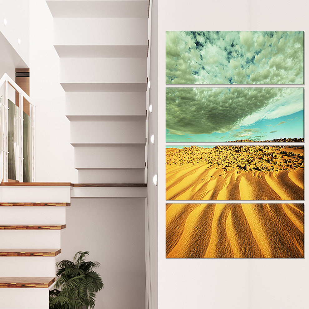 Dramatic Sky Above Sand Desert, Landscape Wall Art on Canvas, 28"x48", 4 Panels