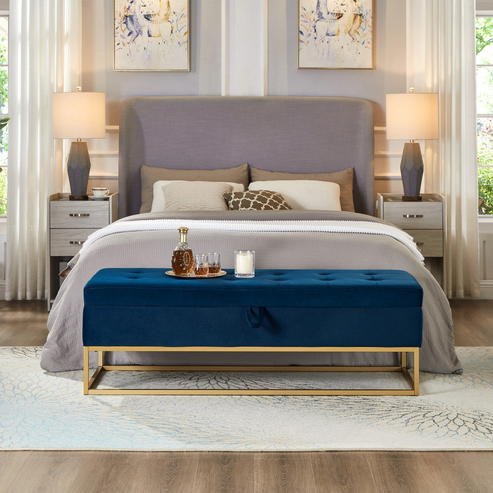 TATEUS Metal Base Bed Bench in Velvet Hidden Storage for Bedroom, Navy Blue