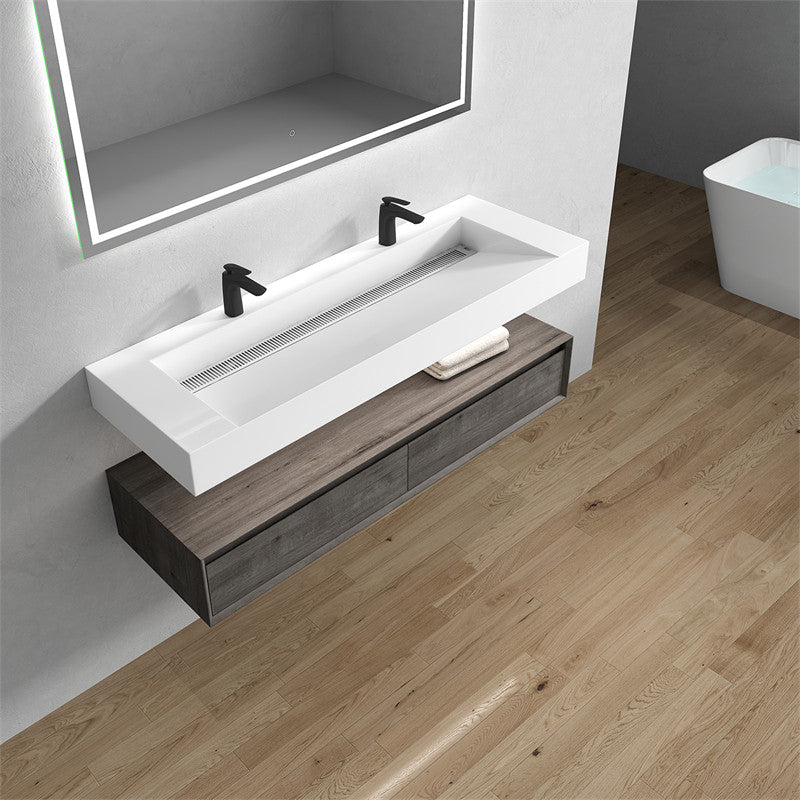 Alysa 60'' Floating Vanity, Acrylic Sink, Double Faucet Hole, Smoke Oak