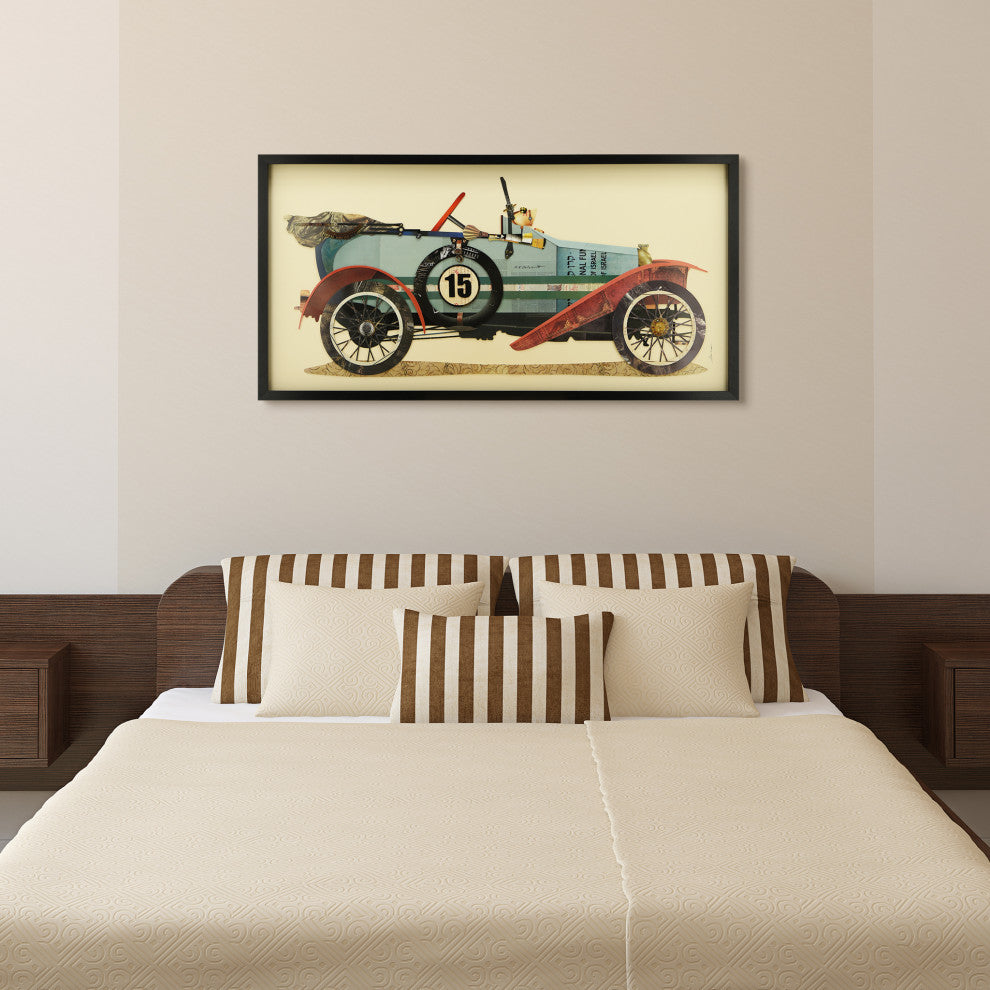 Antique Automobile Hand Made Dimensional Collage Framed Wall Art Under Glass