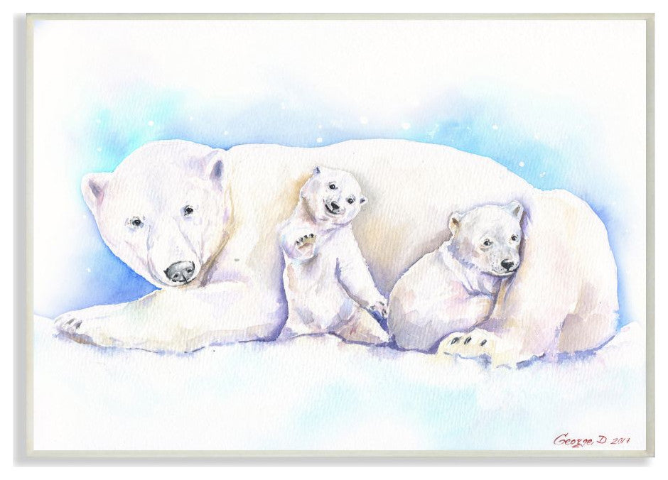 Polar Bear Family Animal Blue Watercolor Painting, 10"x15"