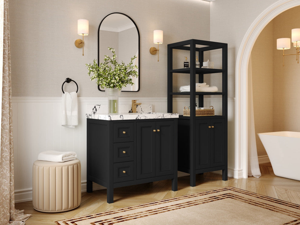 Nashville 36" Right Offset Bath Vanity, Black 2" Calacatta Sienna