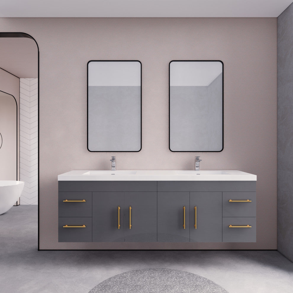 Rosa 72" Wall Mounted Modern Vanity, High Gloss Gray, Glossy White Top