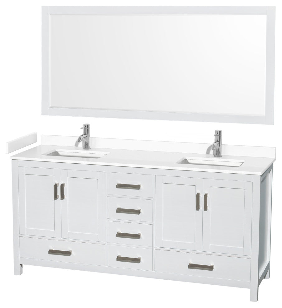 72"DBL Bathroom Vanity White, White Cult. Marble Countertop, Sinks, 70" Mirror