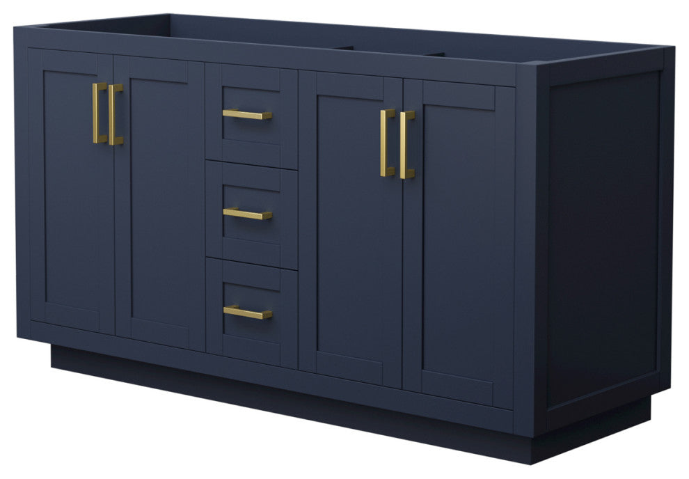 60" Double Bathroom Vanity, Dark Blue, No Countertop, No Sink, Gold Trim