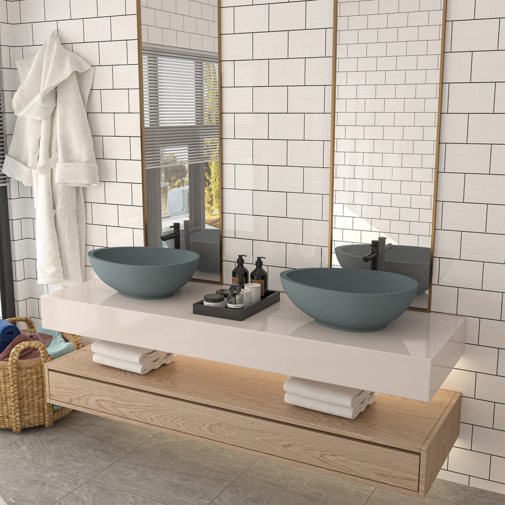 21in Bathroom Egg-shaped Concrete Vessel Sink With Drainer, Blue Ashes