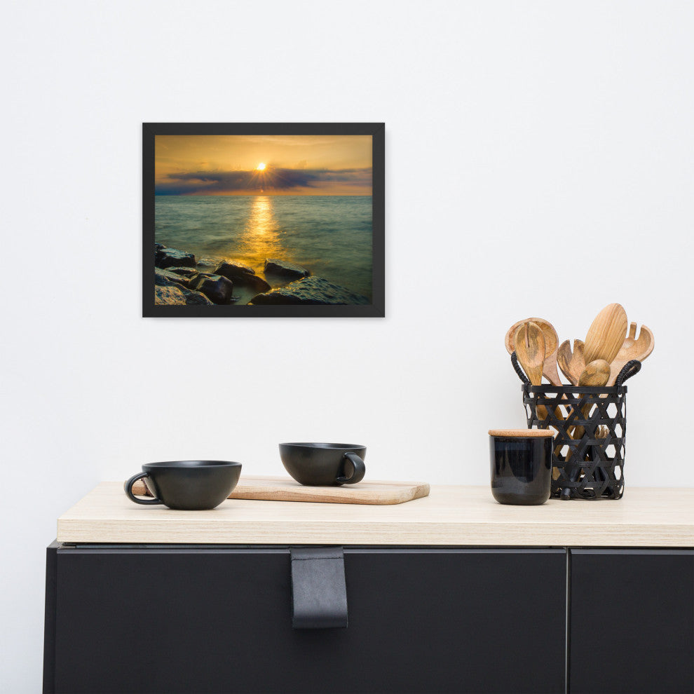Sun Ray on the Water Coastal Landscape Framed Photo Paper Wall Art Print, Black, 11" X 14"