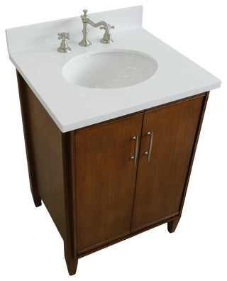 25" Single Sink Vanity, Walnut Finish, White Engineered Stone Top and Oval Sink