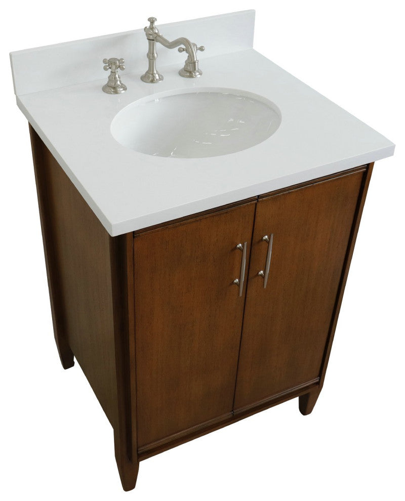 25" Single Sink Vanity, Walnut Finish, White Engineered Stone Top and Oval Sink
