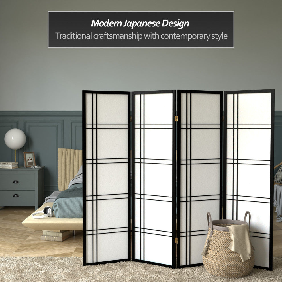 5' Tall Double Cross Shoji Screen, Black, 4 Panels
