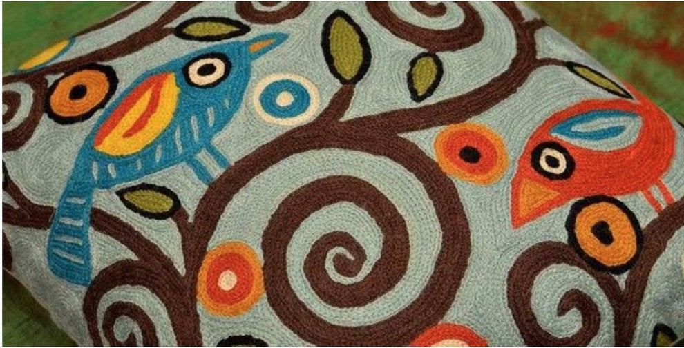 Branch Birds Karla Gerard Decorative Pillow Cover Handembroidered Wool 18x18"