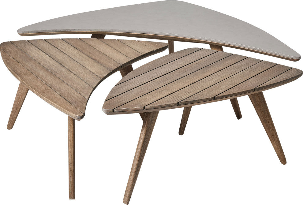 3-Piece Triplica Bunching Table Set, Weathered Eucalyptus and Super Stone