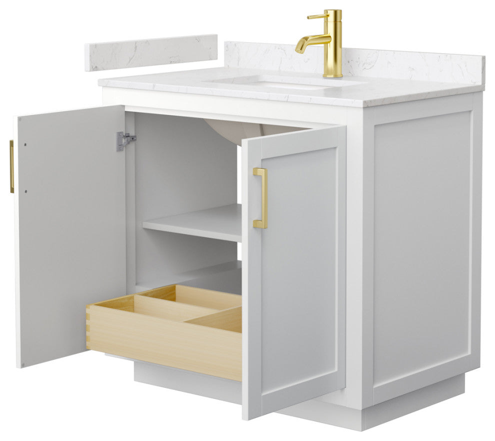 36"SGL Vanity White, Light-Vein Carrara Cult. Marble Countertop, Sink, Gold Trim
