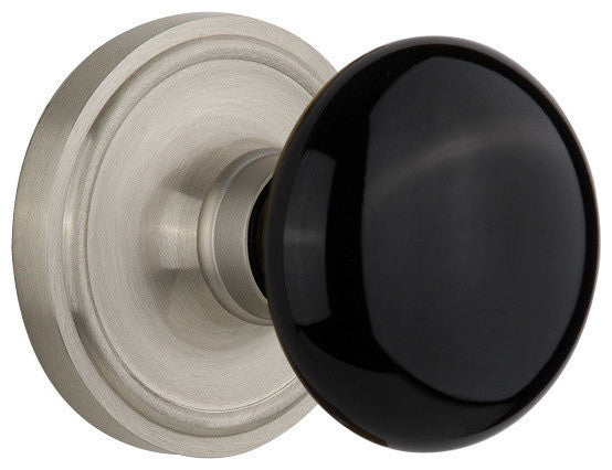 Single Classic Rosette With Black Porcelain Knob, Satin Nickel