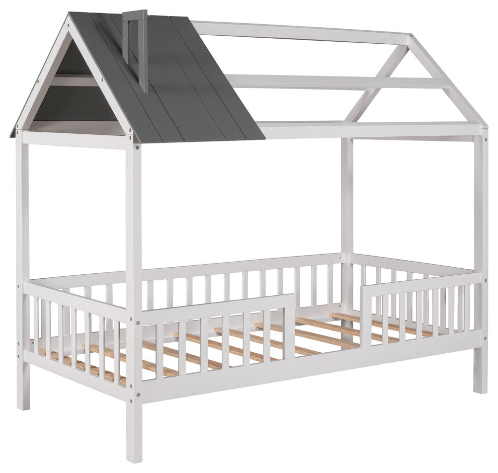 Gewnee Wood Twin Size House Bed with Fence and Roof,Gray/White