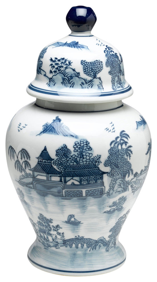 Blue and White Ginger Jar With Lid