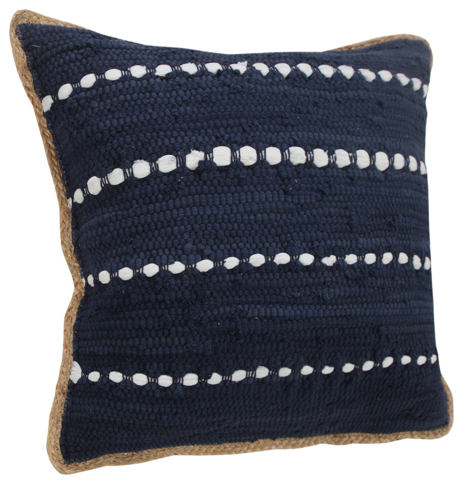 Navy Blue and White Striped Jute Bordered Throw Pillow