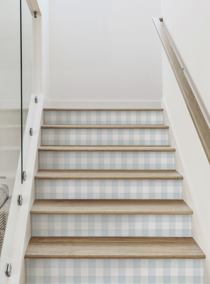 Checkered Fabric Look Peel & Stick Stair Riser Strips, Blue, 48"x6", Set of 6
