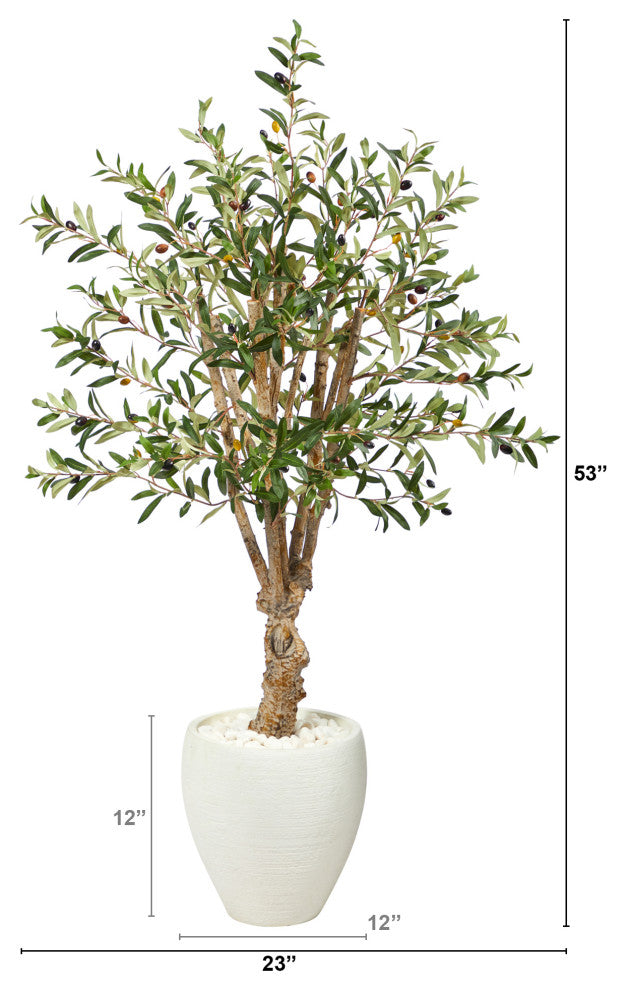 53" Olive Artificial Tree, White Planter