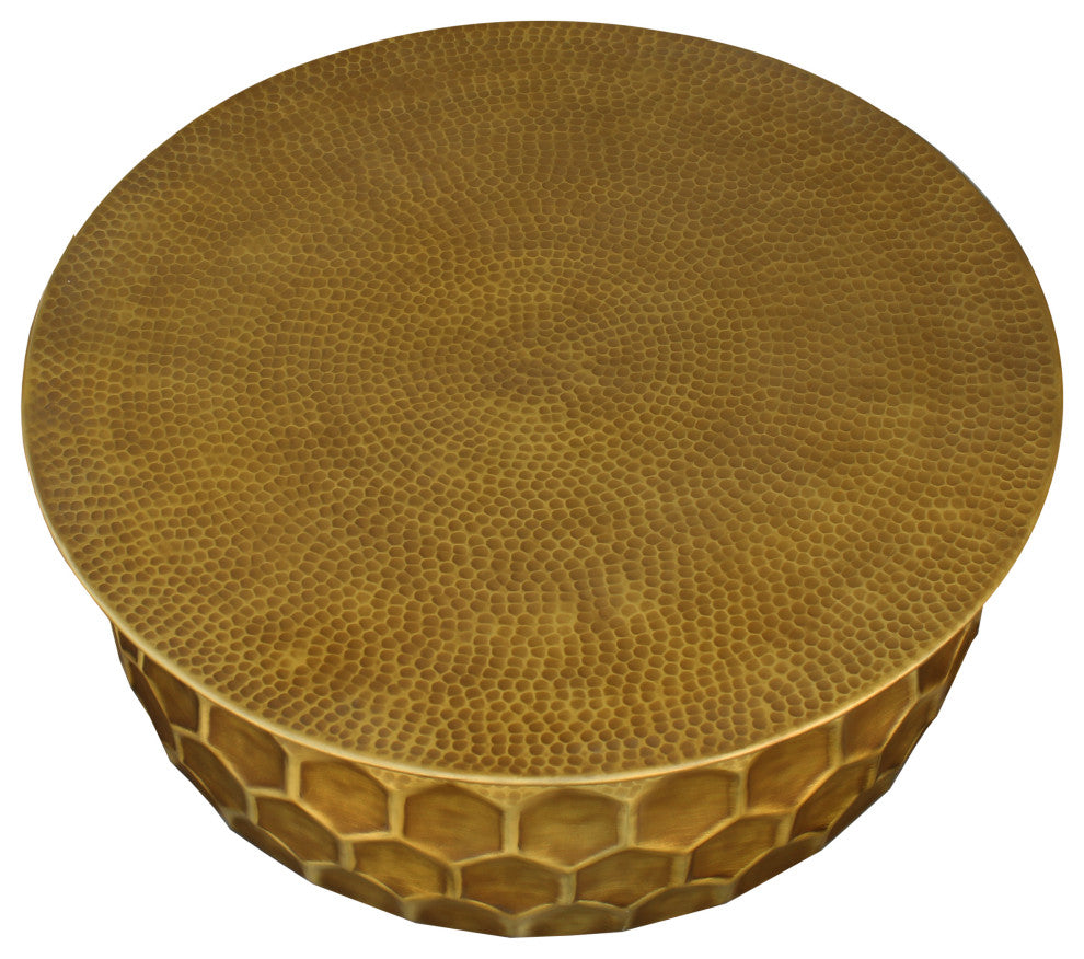 Benzara UPT-272882 Industrial Hammered Brass Round Coffee Table, Antique Brass
