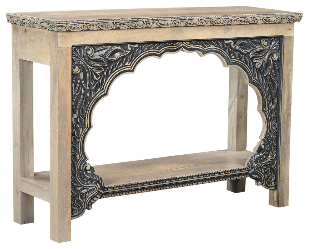 Sophia Carved Solid Wood Console Table, Beige/Black
