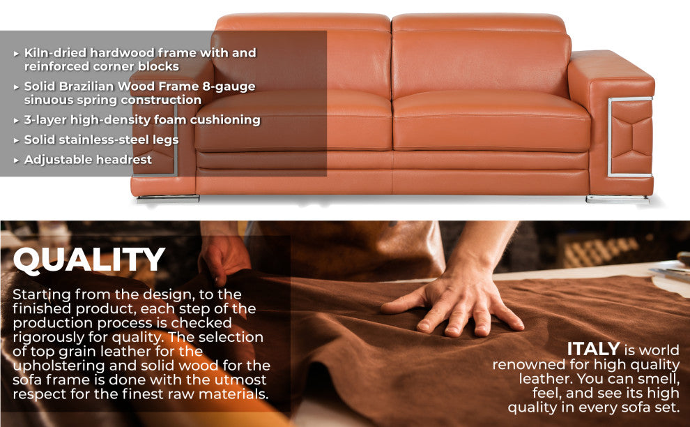 Rome Contemporary Genuine Italian Leather Loveseat Camel