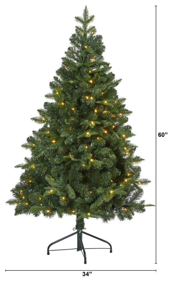 5' Grand Teton Spruce Flat Back Faux Xmas Tree W/ Lights & Bendable Branches