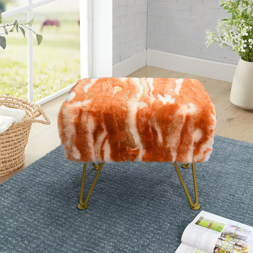Soft Faux Fur Ottoman Fuzzy Entryway Bench Seat, Burnt Orange, 19"x13"x17"