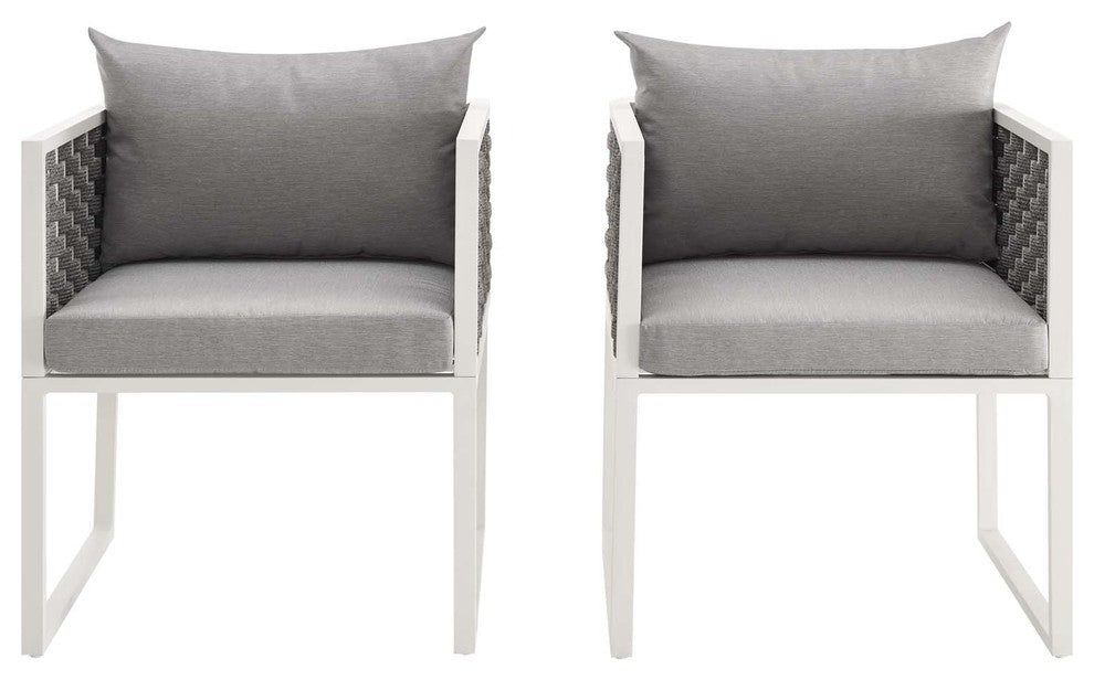 Modern Outdoor Dining Chair Armchair, Set of 2, Fabric Aluminium, White Gray