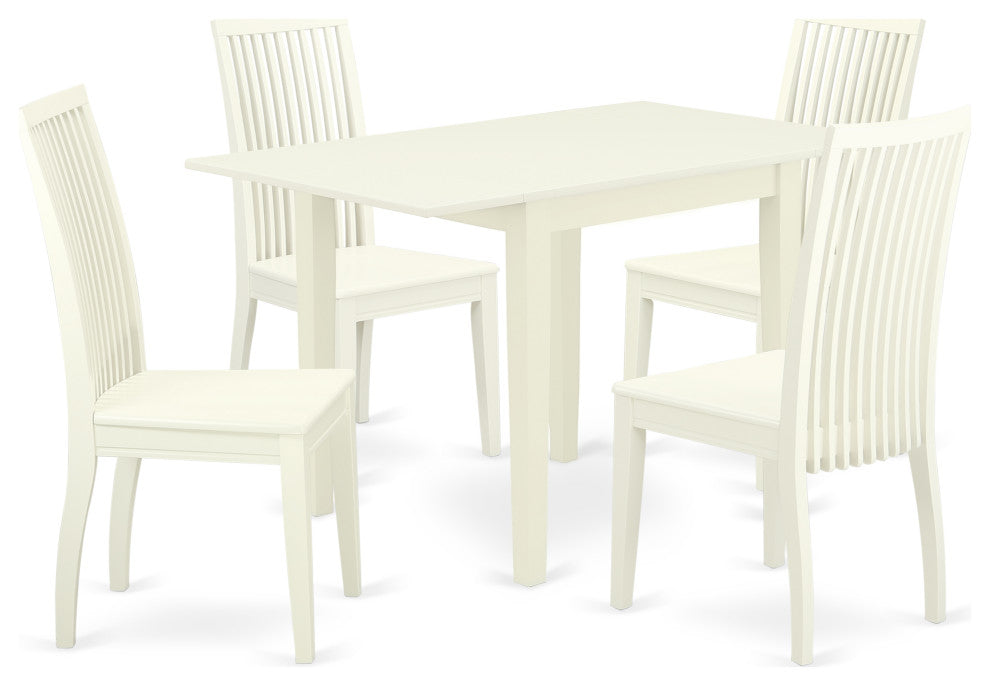 5Pc Dining Set, Rectangular Table, 4 Chairs, Asian Hardwood Seat, Linen White