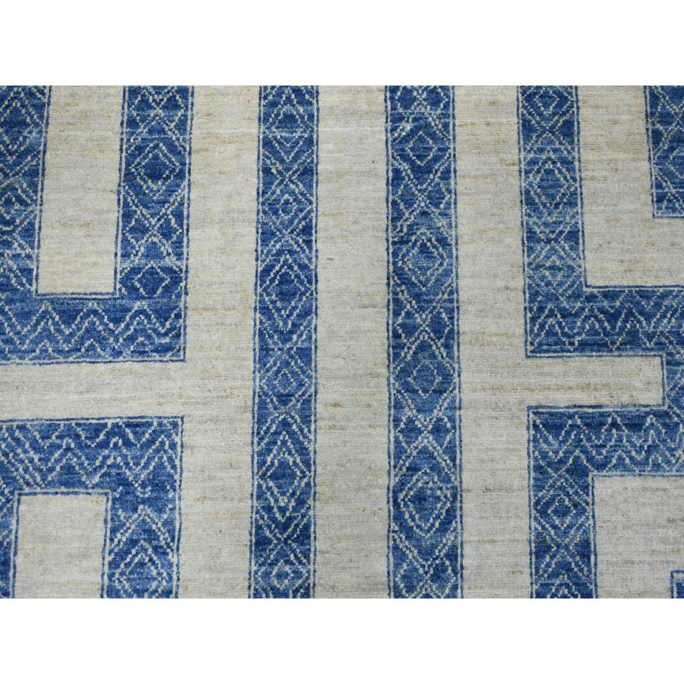 Denim Blue Maze Design With Berber Influence Hand Knotted Wool Rug, 9'2"x11'9"