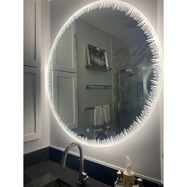 36" Flame, LED Lighted Round Mirror With Dimmer, Defogger, Touch Control.