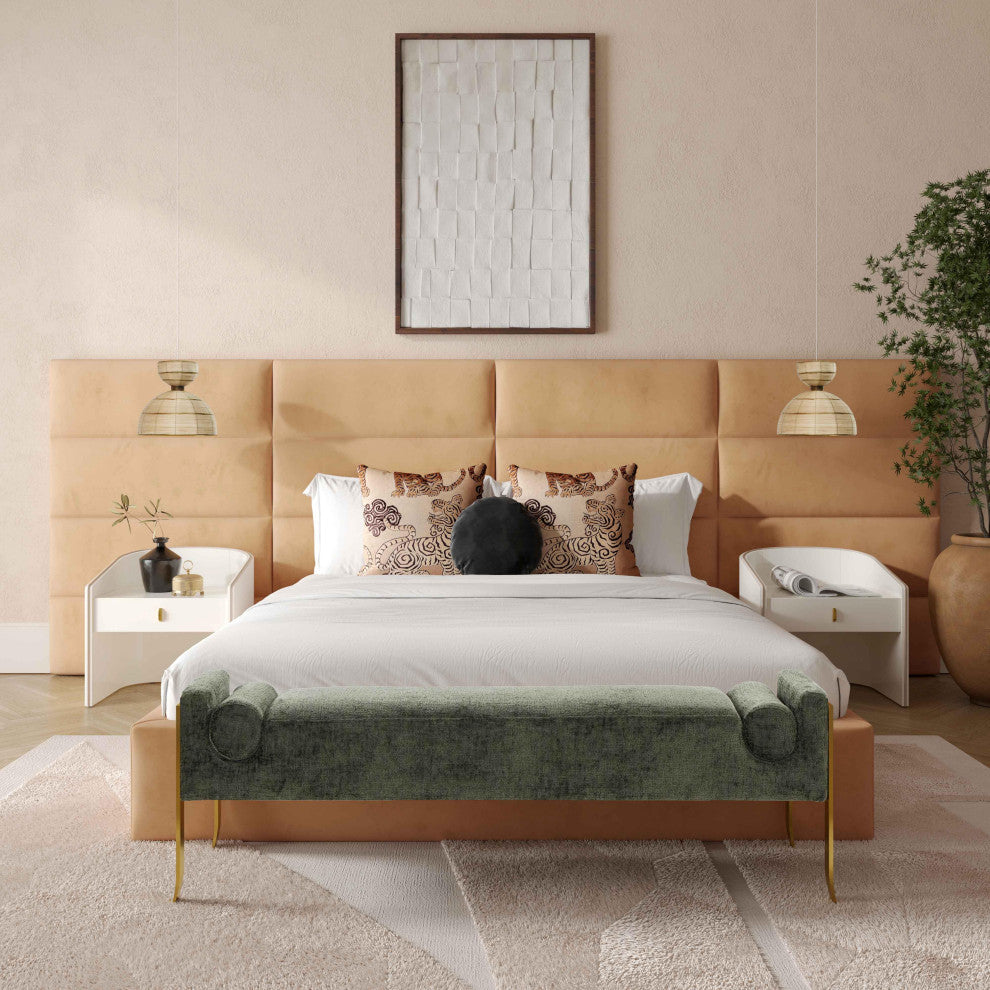 Eliana Honey Velvet Queen Bed with Wings - Honey