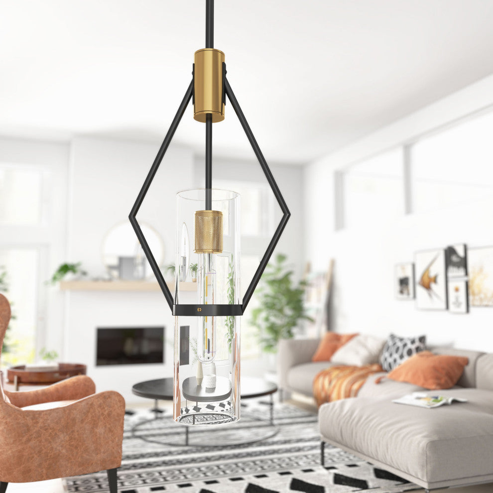 Everly Single Light Metal and Glass Pendant, Black and Brass