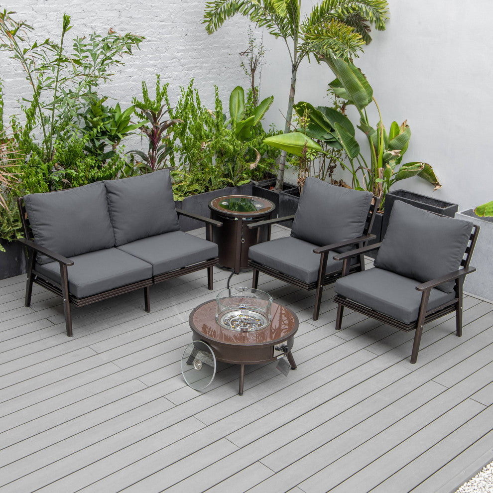LeisureMod Walbrooke Brown Patio Sofa Set With Round Fire Pit Table, Charcoal
