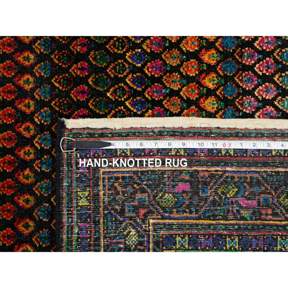 Black, Sarouk Mir Inspired Design, Wool and Silk Hand Knotted Rug, 4'0"x6'0"