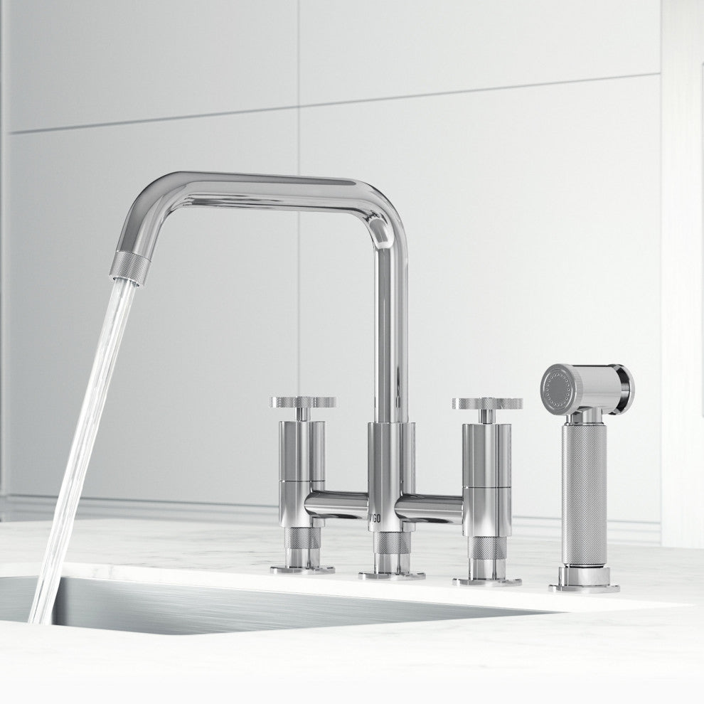 VIGO Cass 12" H 2-Handle Widespread Bridge Pull-Out Sprayer Kitchen Faucet, Chrome